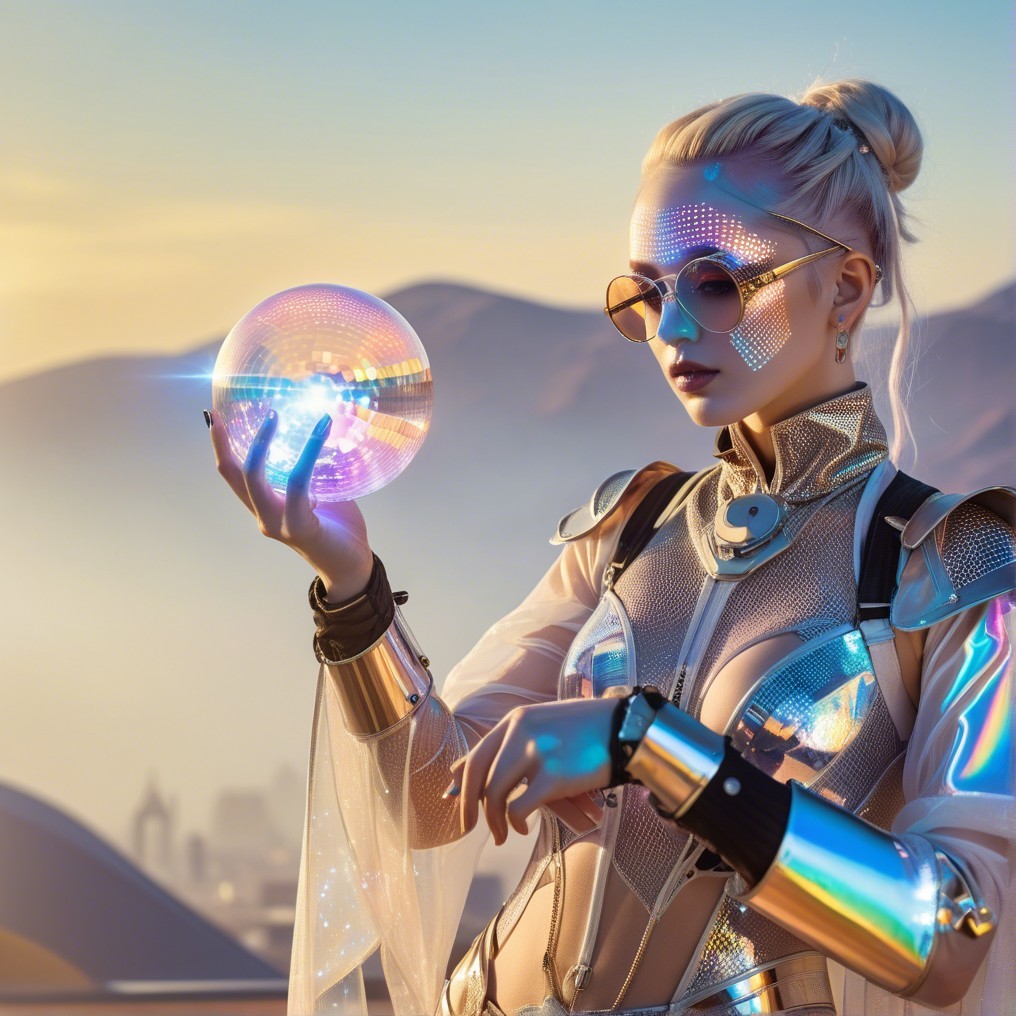 Futuristic Figure with Disco Ball in Sunset Scene
