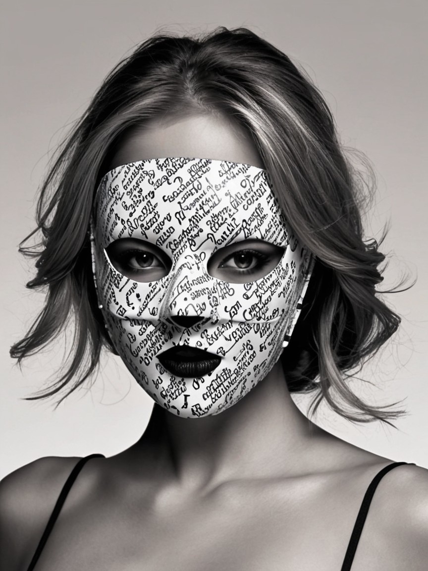 Black-and-white portrait of a woman with patterned mask