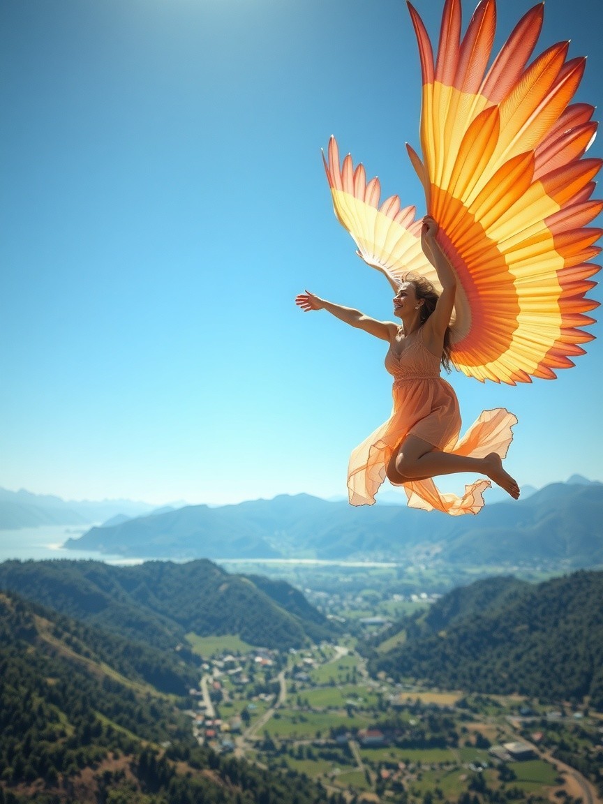 Majestic Leap with Colorful Wings Above Valleys