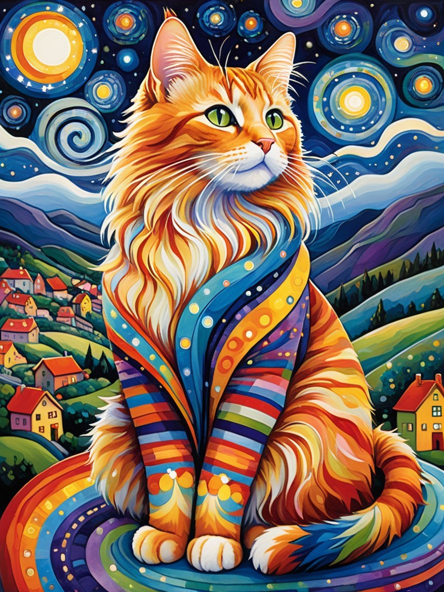 Vibrant Orange Cat Against Starry Night Landscape