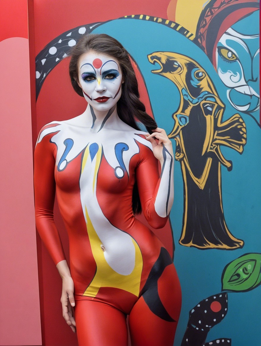 Model Poses with Body Paint Against Colorful Mural