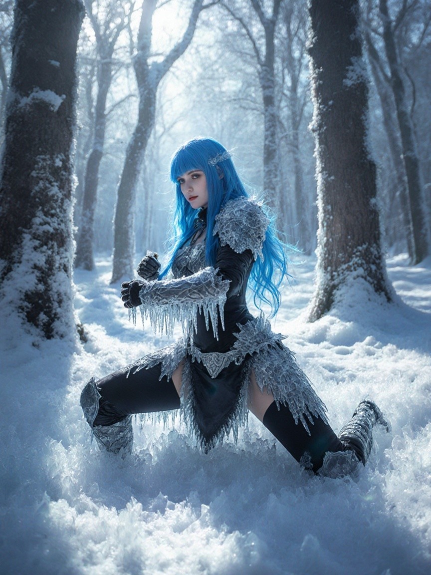 Female Cosplayer in Snowy Forest with Icy Armor