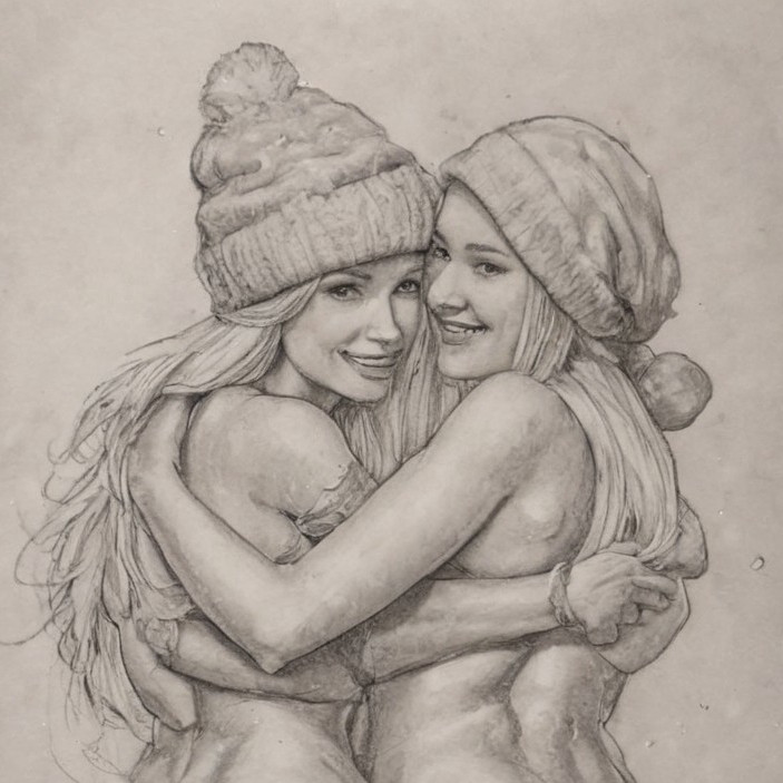 Detailed Pencil Drawing of Two Joyful Women Embracing