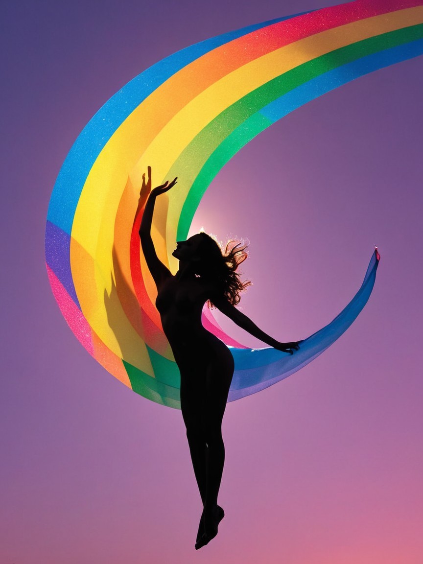 Silhouette of a Dancer with Colorful Ribbon at Sunset