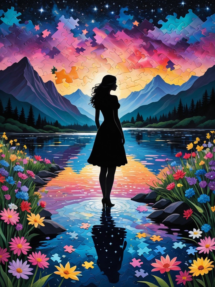 Silhouette by Lake with Sunset and Floating Puzzle Pieces