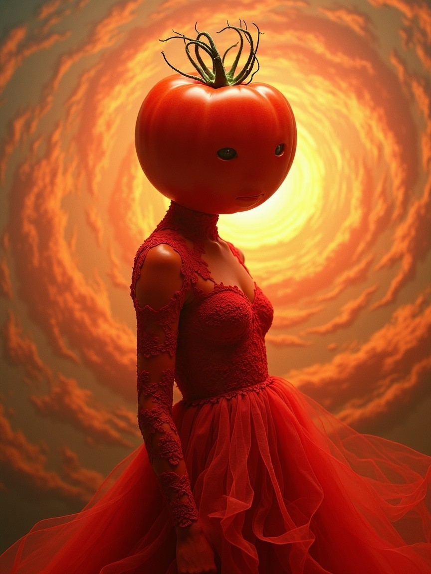 Surreal Figure with Tomato Head and Red Gown