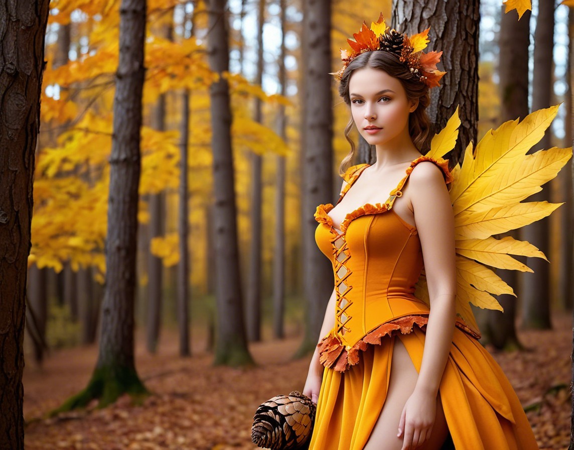 Young Woman in Orange Gown in Autumn Forest