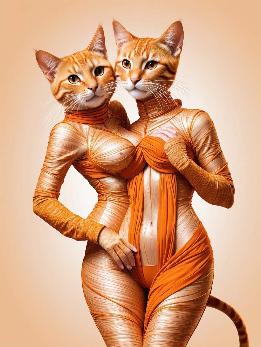 Anthropomorphic figures with cat heads in orange outfits