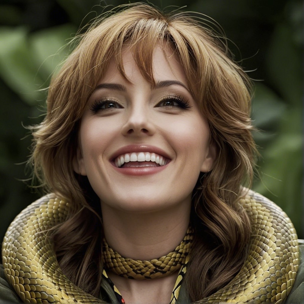 Cheerful woman with brown hair and yellow snake