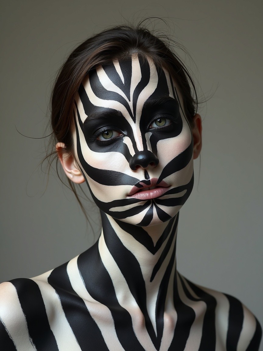 Black and White Zebra Body Paint on Female Model