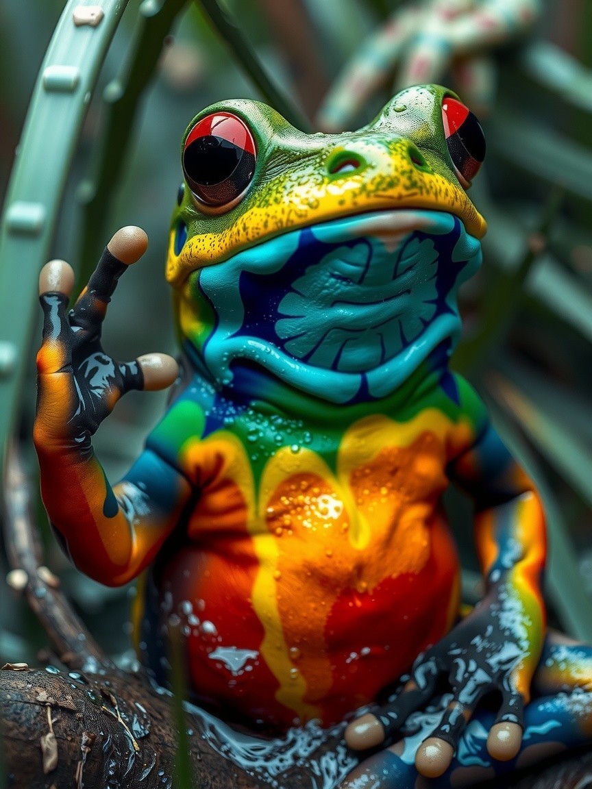 Colorful Frog Sculpture Surrounded by Greenery