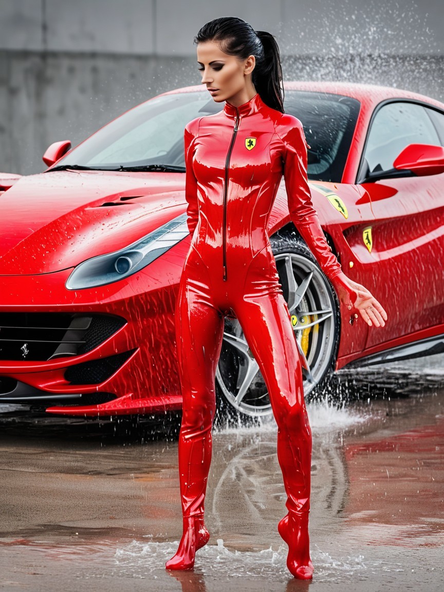 Confident Woman in Red Latex Jumpsuit by Ferrari