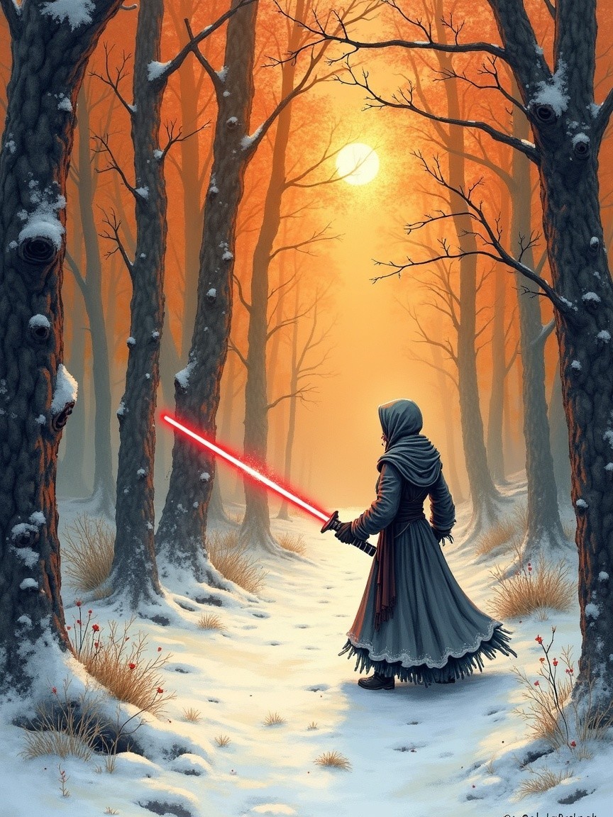 Cloaked Figure with Red Lightsaber in Snowy Forest