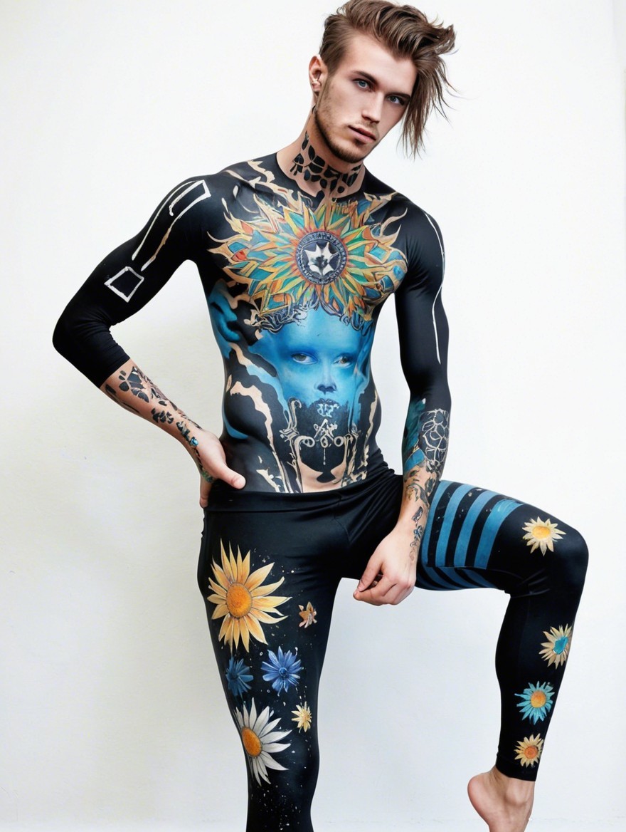 Male model displays intricate body art and tattoos