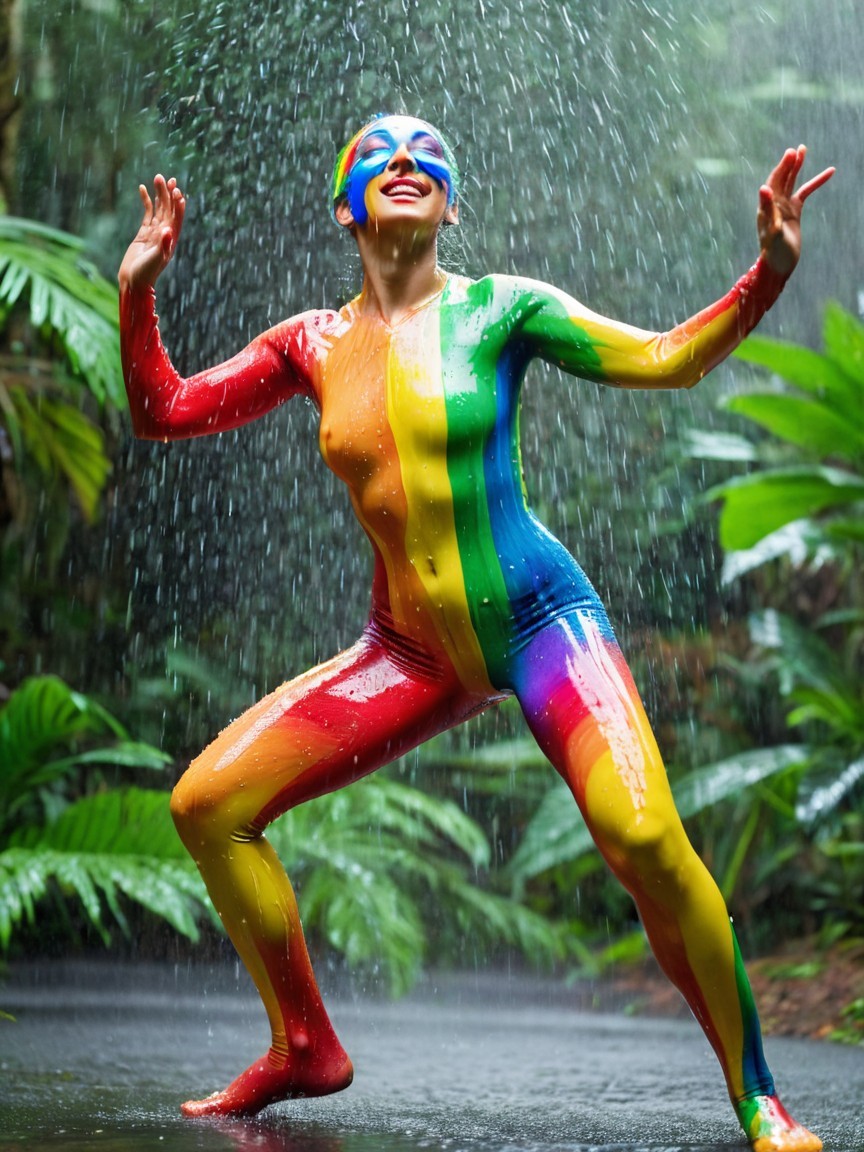Joyful figure in rainbow bodysuit under tropical rain