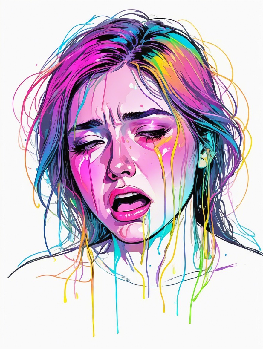 Stylized portrait of a woman with vibrant hair and tears