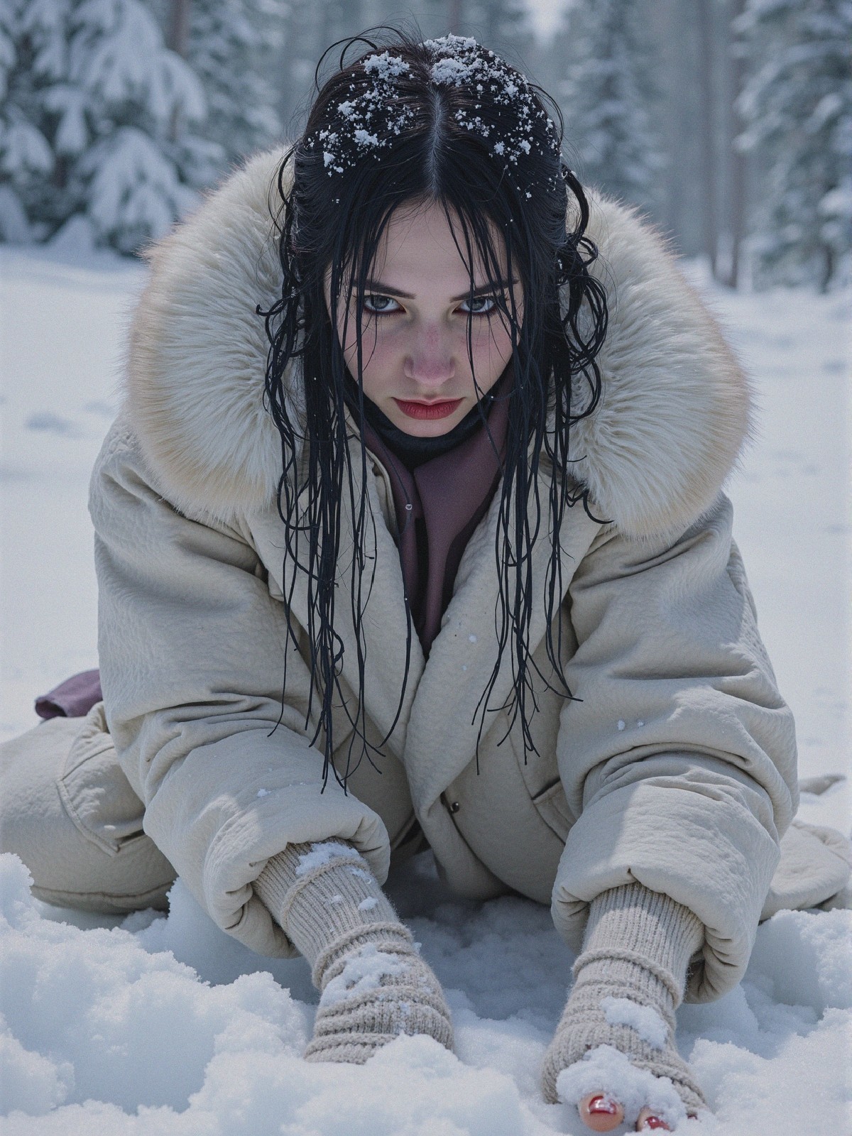 Young Woman in Fur-Trimmed Jacket in Snowy Landscape