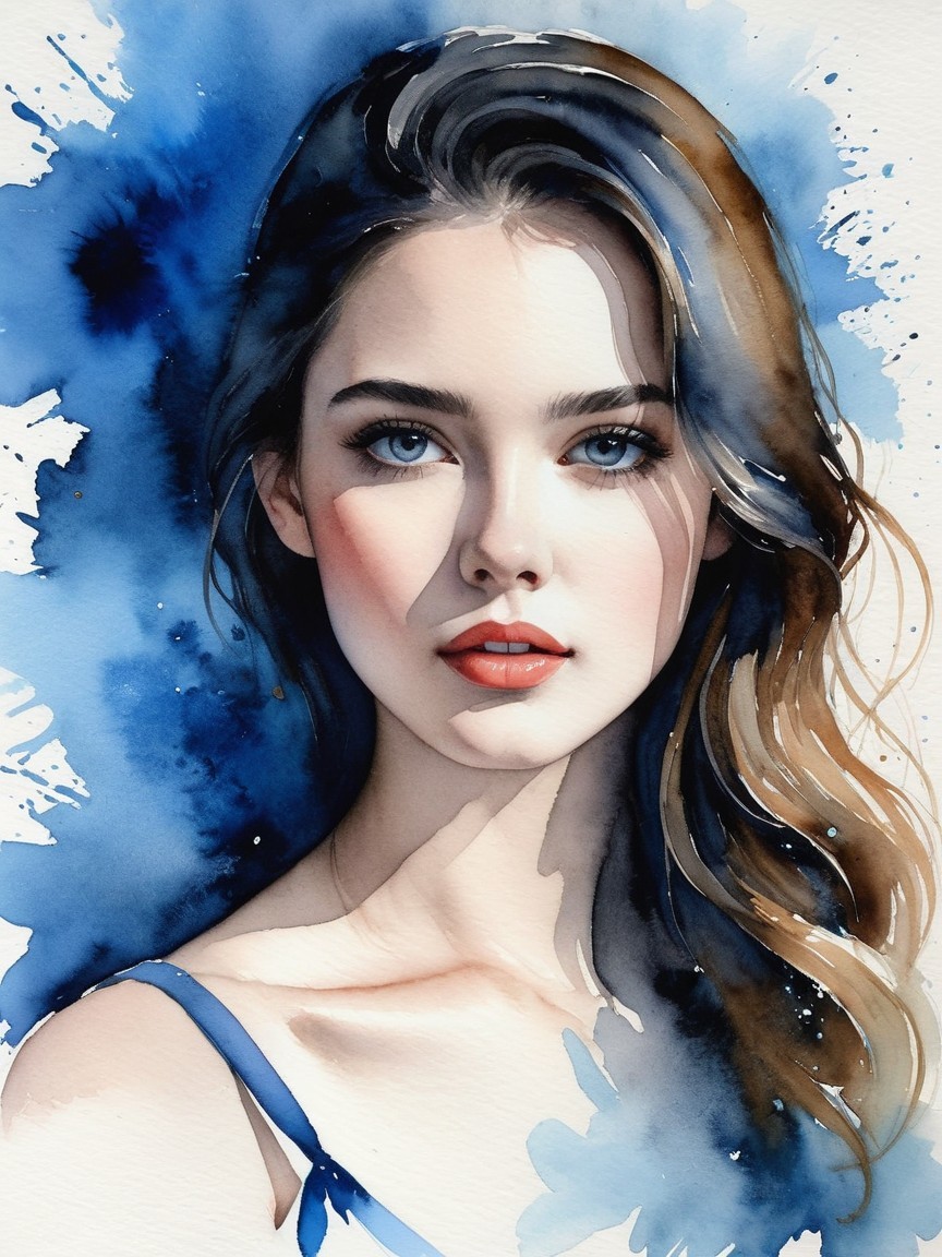 Watercolor Portrait of a Young Woman with Blue Eyes