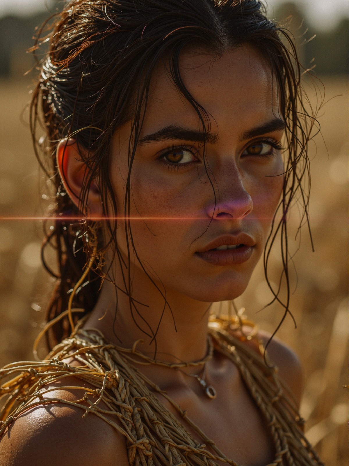Close-up Portrait of Young Woman in Sunlit Field
