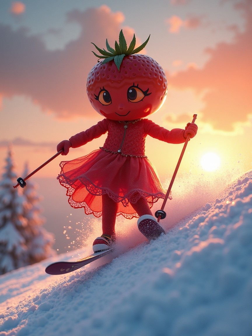 Whimsical Character with Strawberry Head Skiing at Sunset