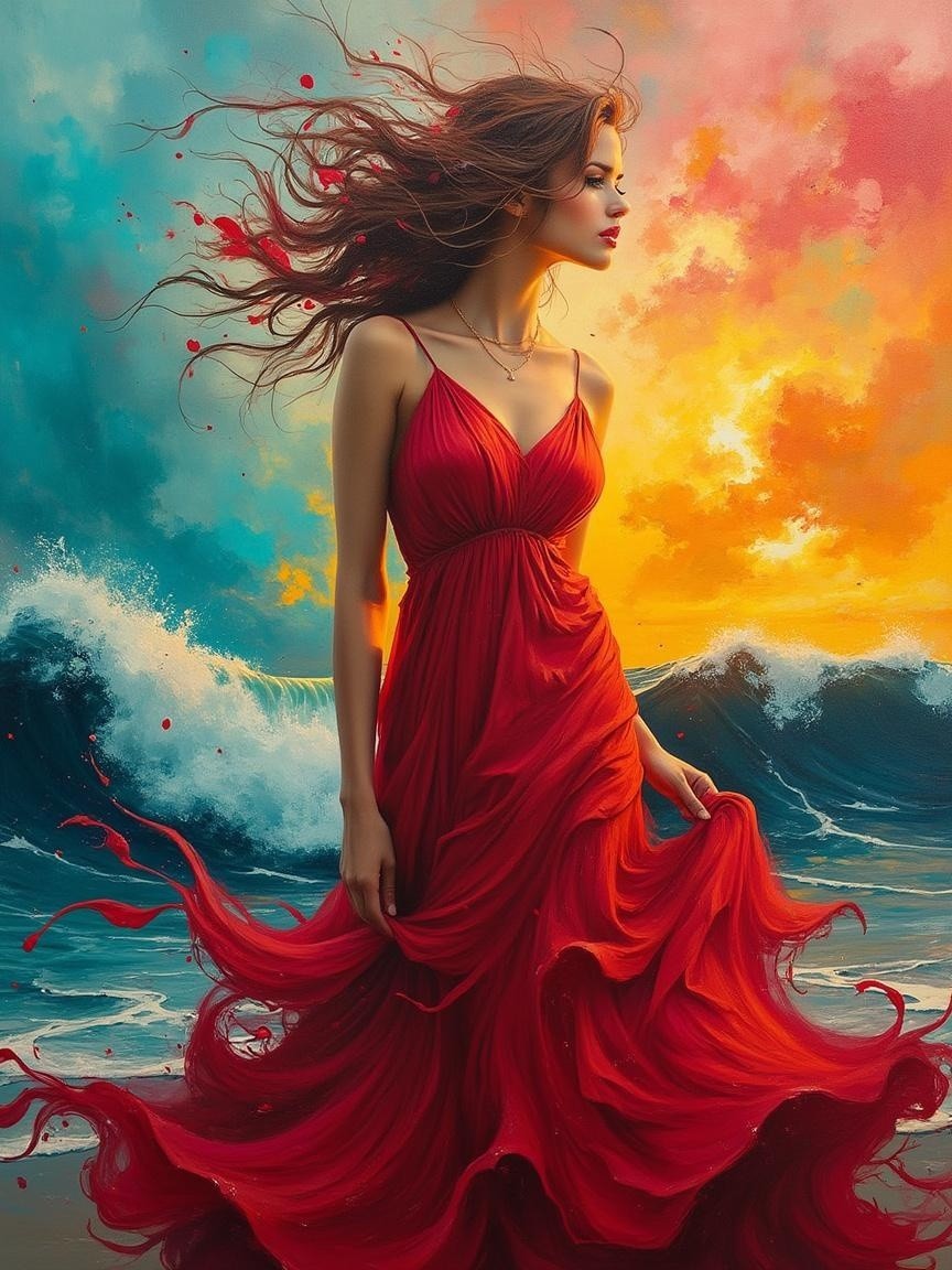 Woman in Red Dress by Tumultuous Waves at Sunset