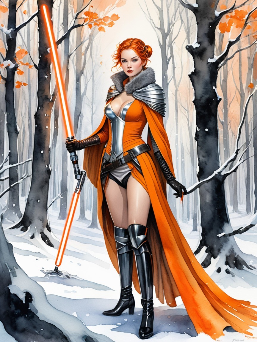 Fierce Warrior in Orange Outfit with Lightsaber in Forest