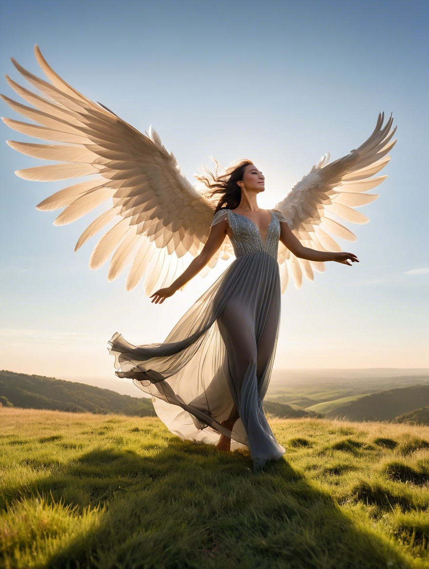 Majestic figure with wings on grassy hillside landscape