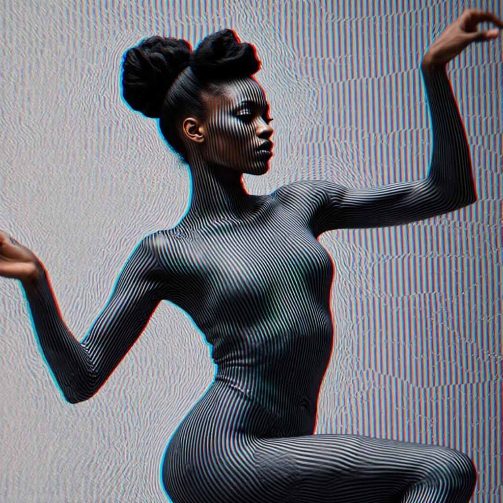 Elegant Figure in Black-and-White Striped Bodysuit