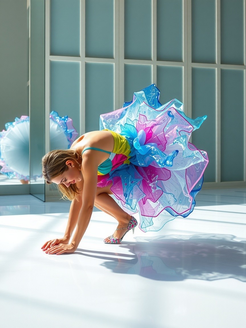 Dancer in Colorful Tutu Crouching on Sleek Floor
