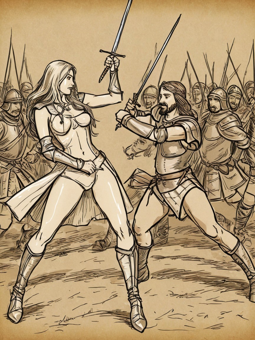 Warrior Woman and Male Fighter in Hand-to-Hand Combat