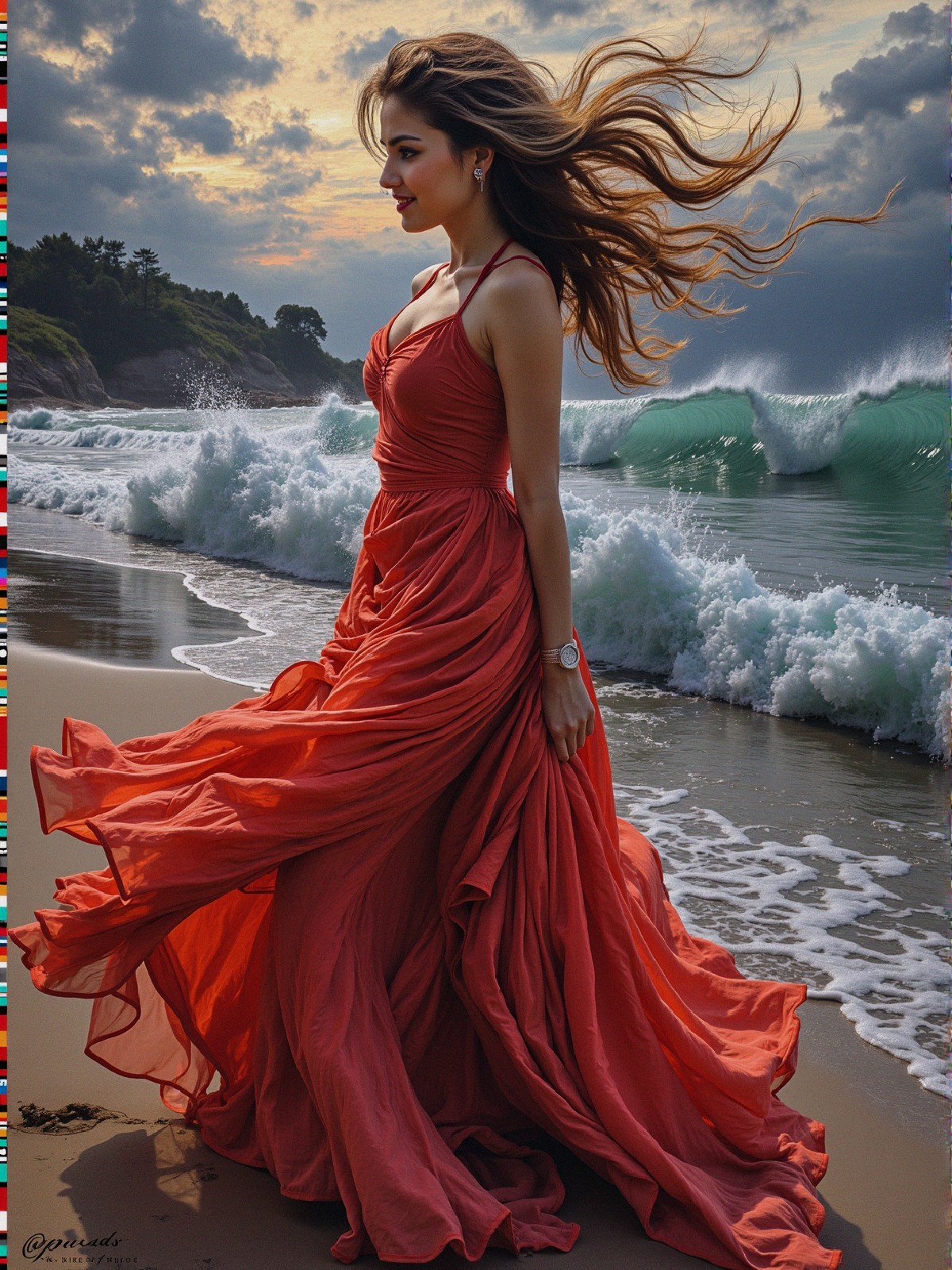 Woman in Coral-Red Dress on Beach with Waves