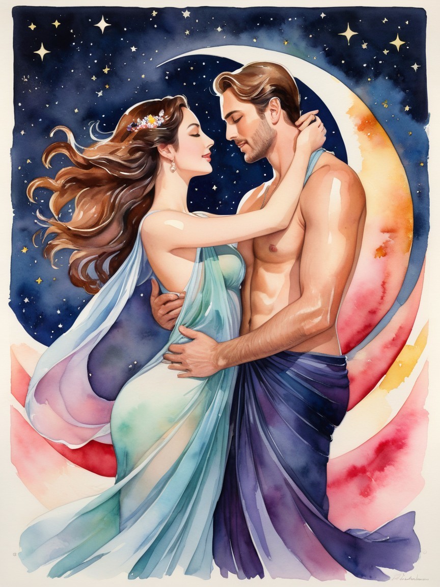 Romantic Watercolor of Couple Under Starry Sky