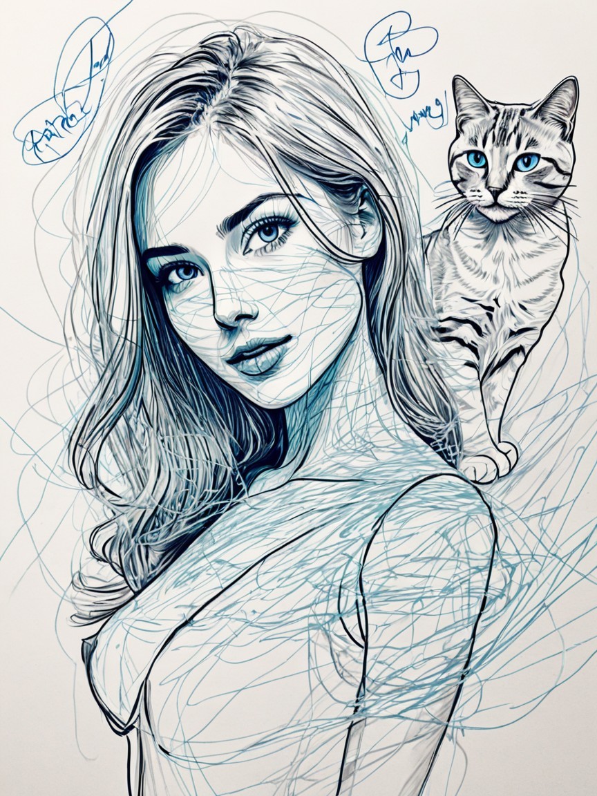 Stylized Illustration of Woman and Cat in Blue Tones