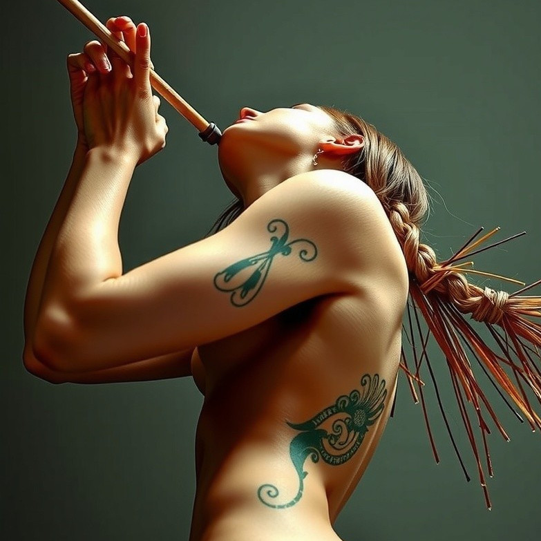 Woman Playing Flute with Intricate Tattoos in Soft Light