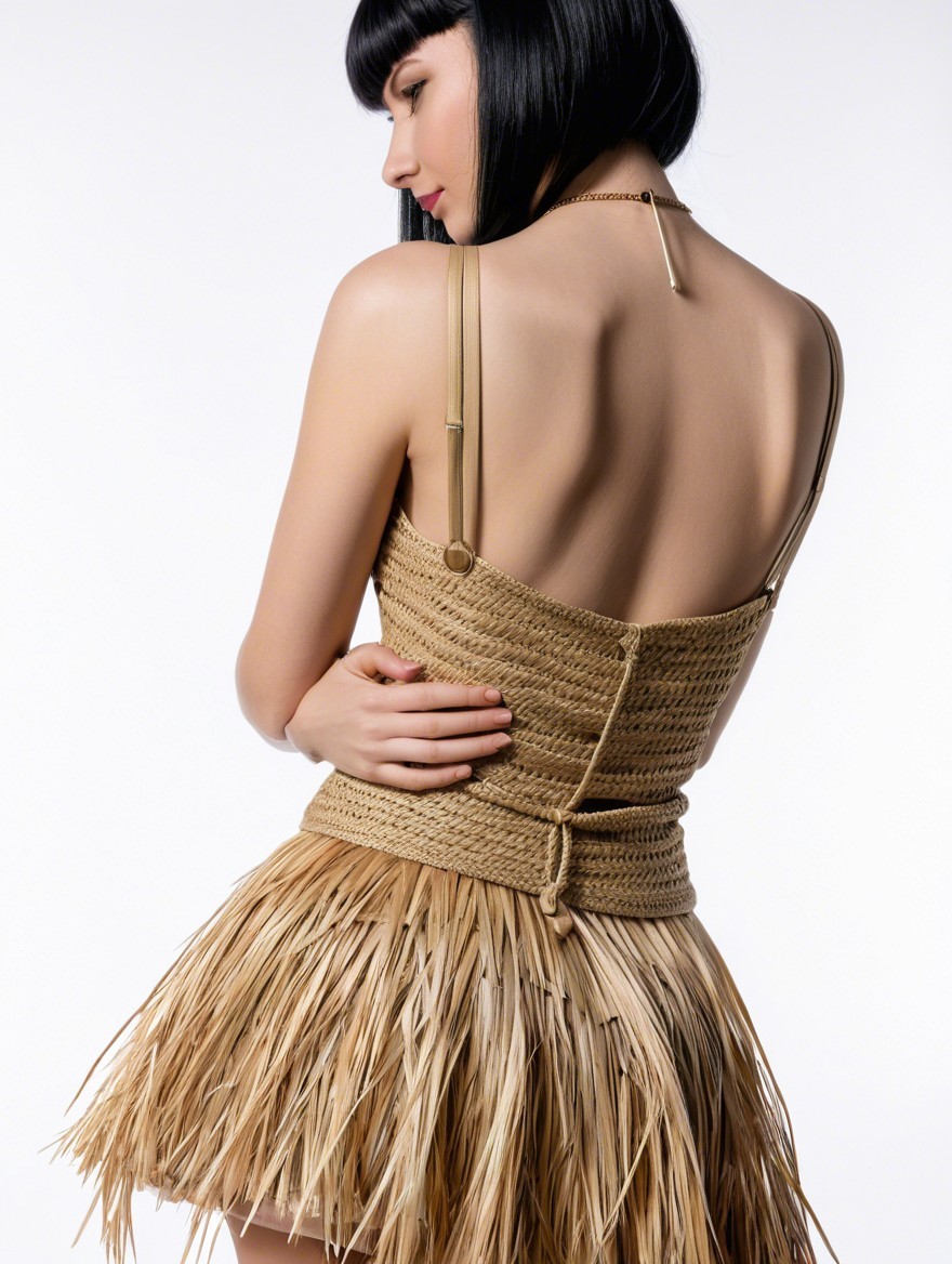 Woven Straw Outfit with Fringe and Soft Lighting