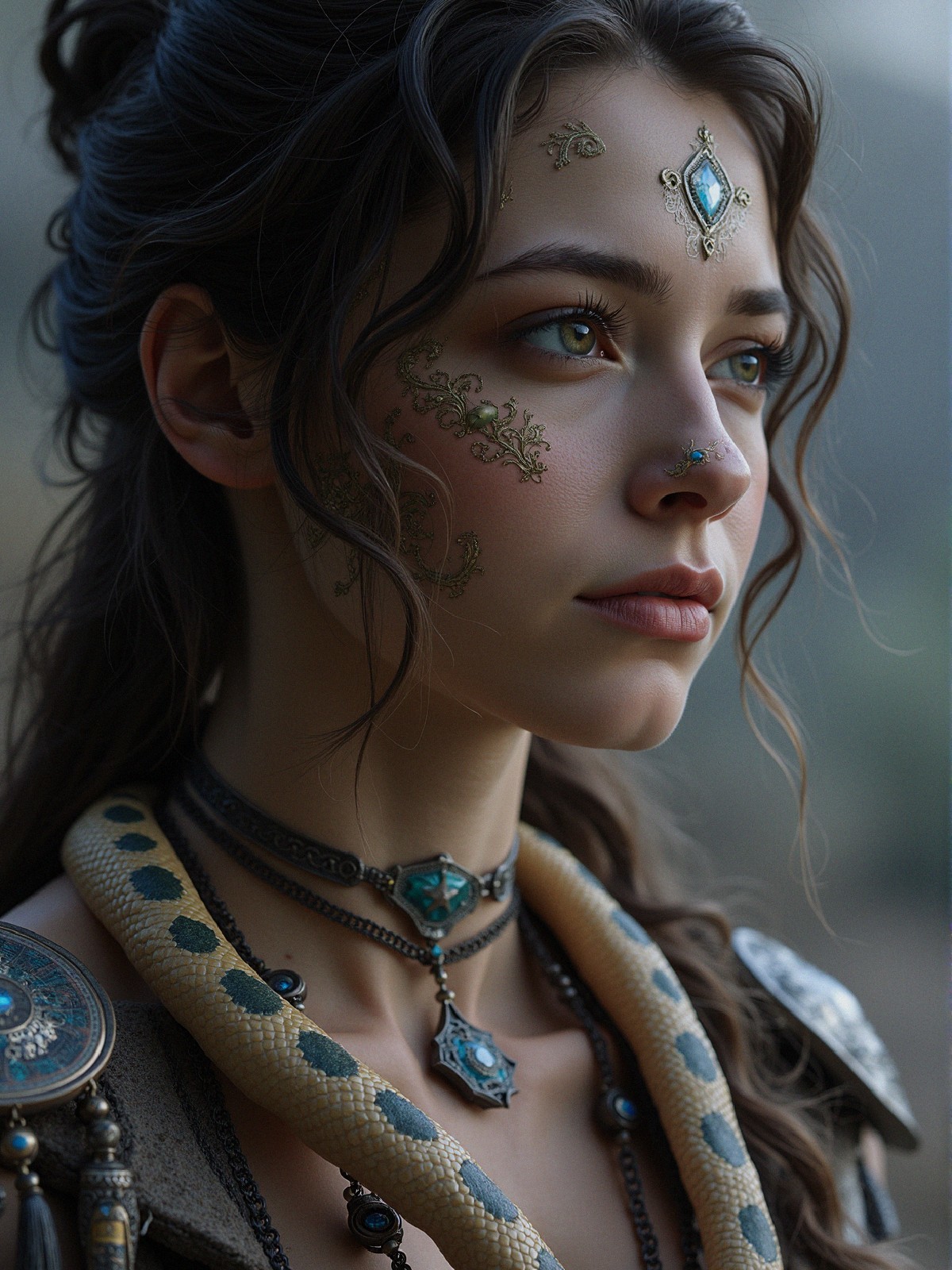 Young woman with facial adornments and jewelry