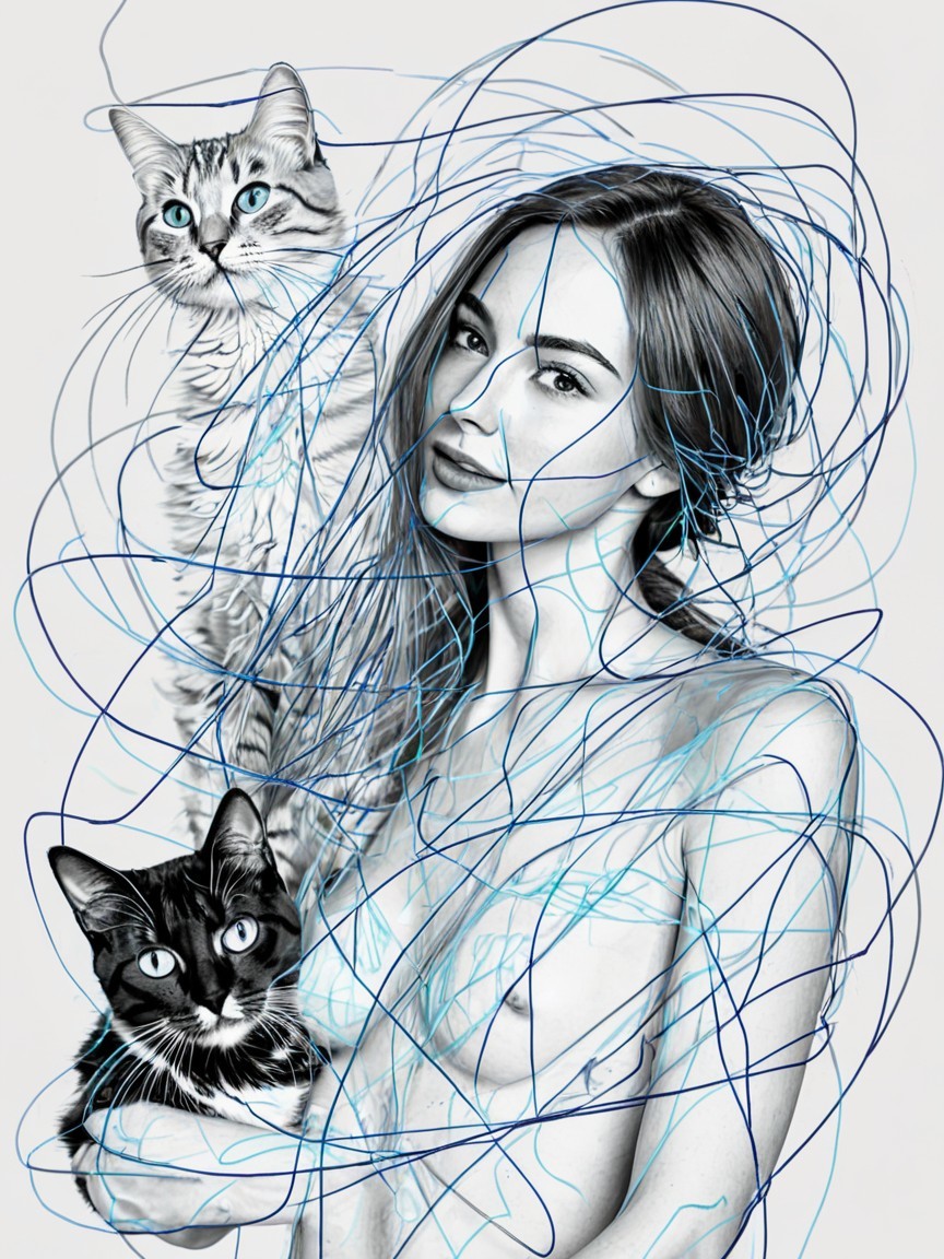 Stylized Black-and-White Portrait of Woman with Cats