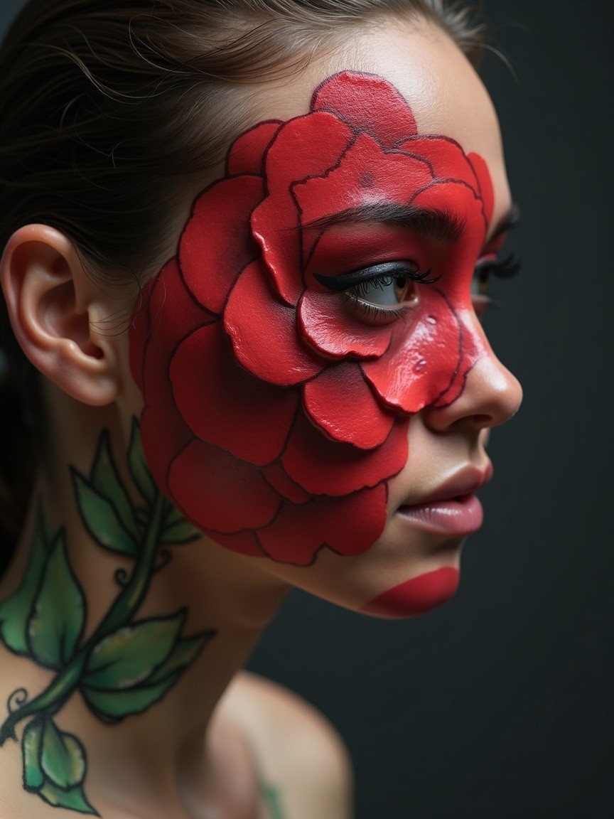 Portrait of Woman with Red Rose Face Paint and Tattoo