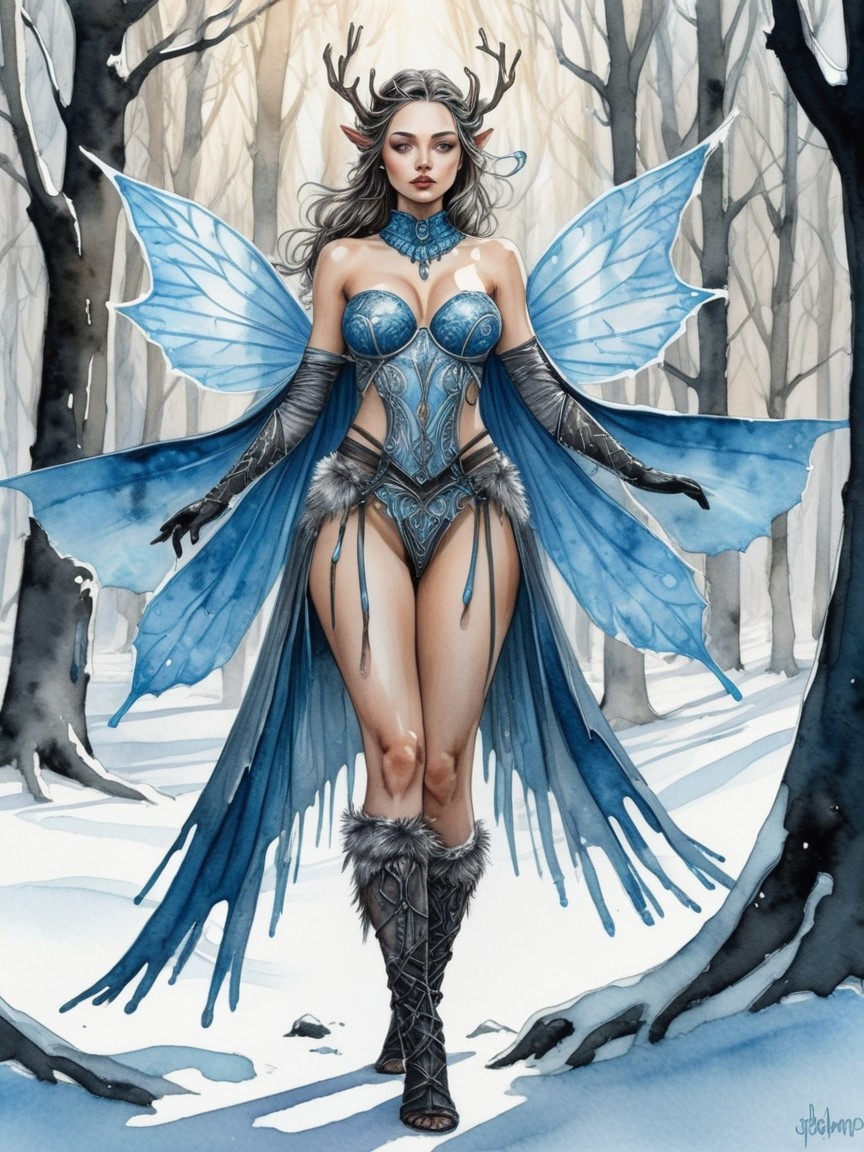 Fairy with Iridescent Wings in a Snowy Forest