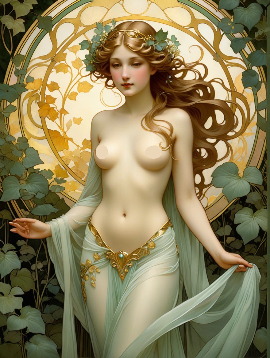 Mystical Woman in Ivy with Ethereal Gown and Gold Accents