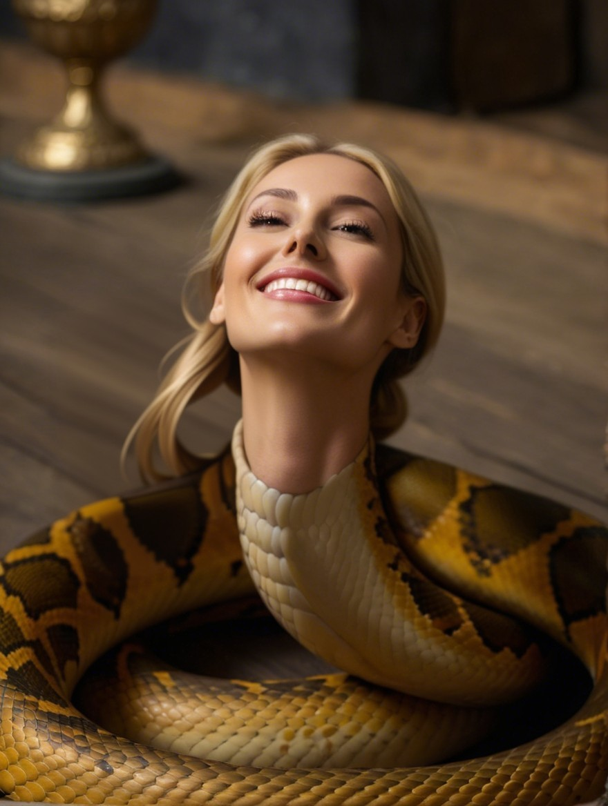 Woman with snake in a mystical, serene setting