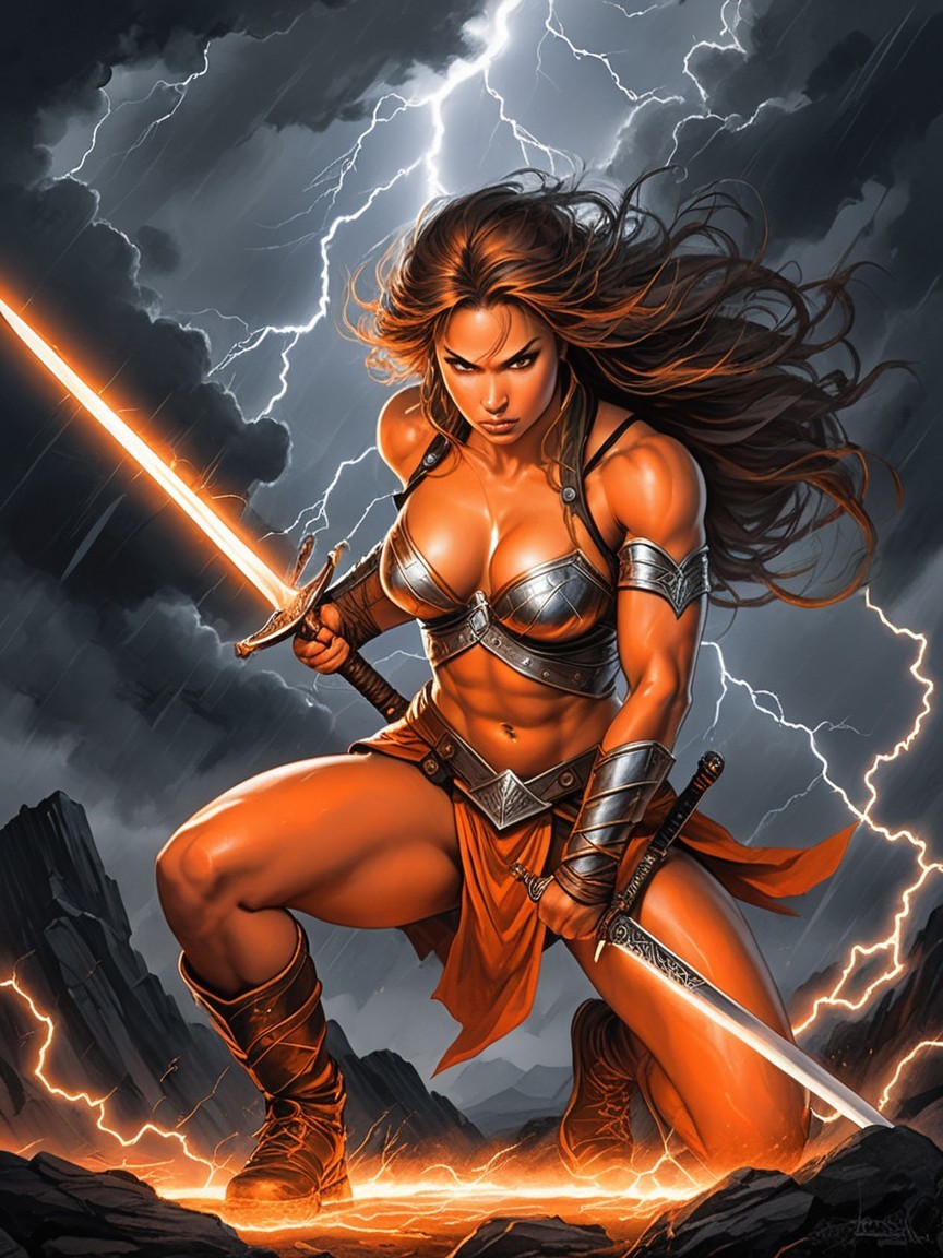 Fierce Warrior in Action Stance Against Stormy Backdrop