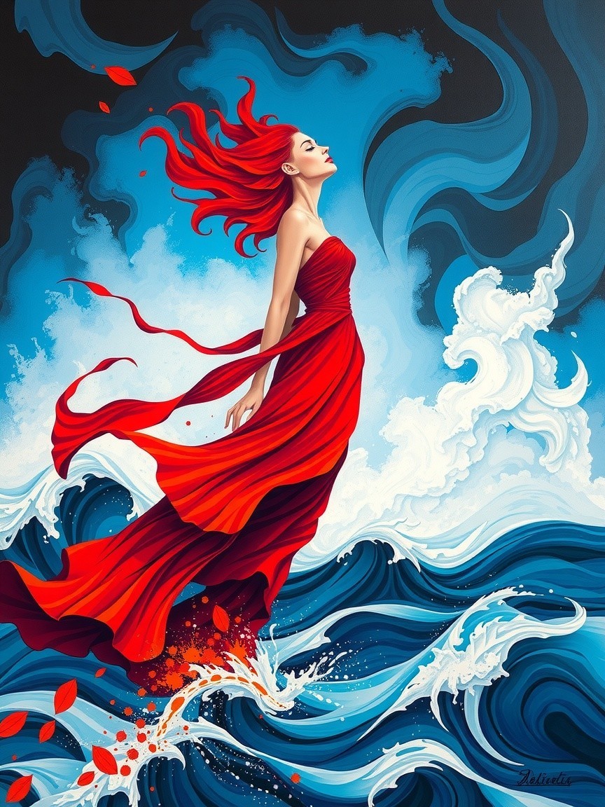 Woman in Red Dress Amidst Turbulent Blue Waves