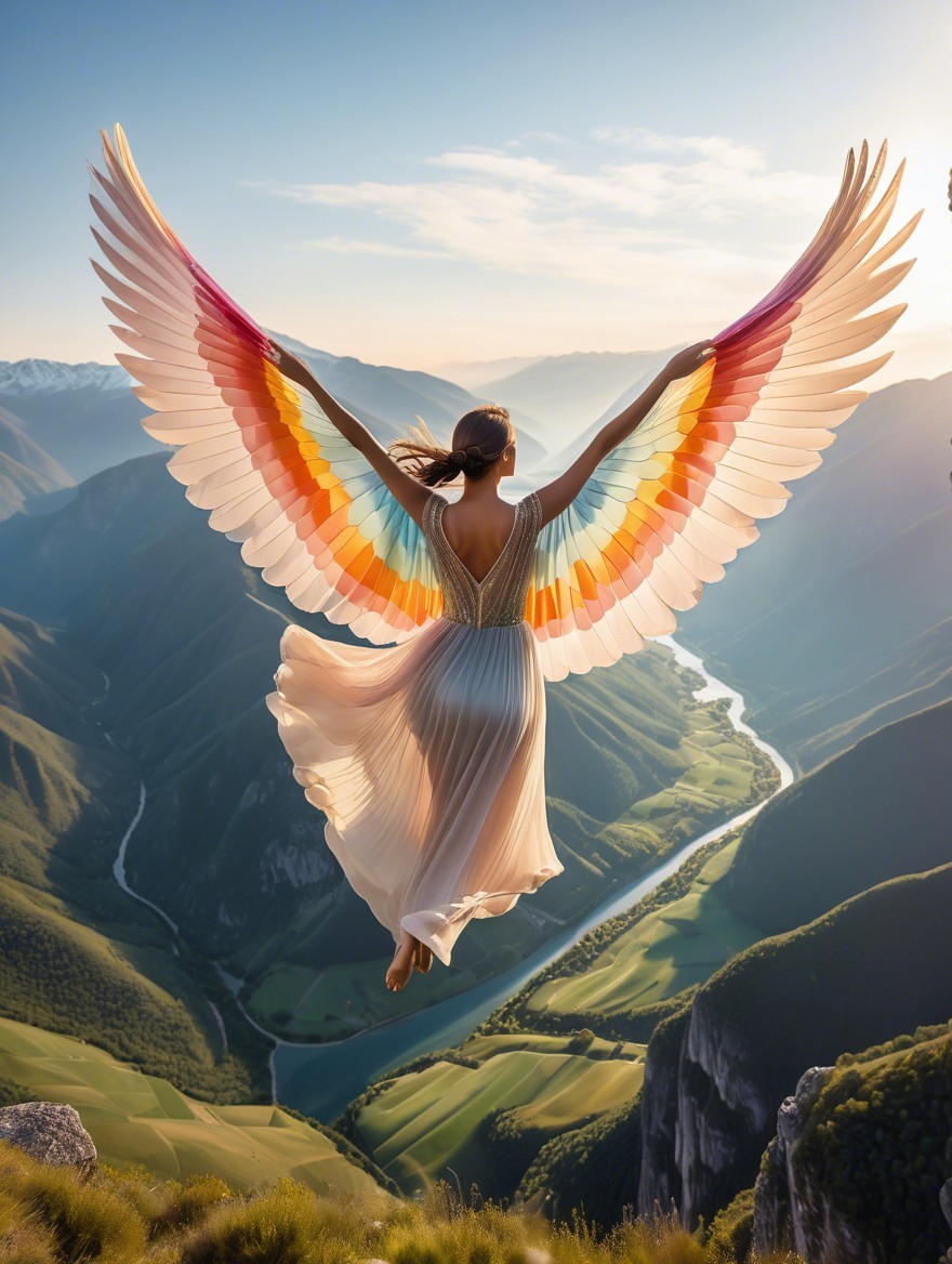 Woman with Colorful Wings Over Majestic Landscape
