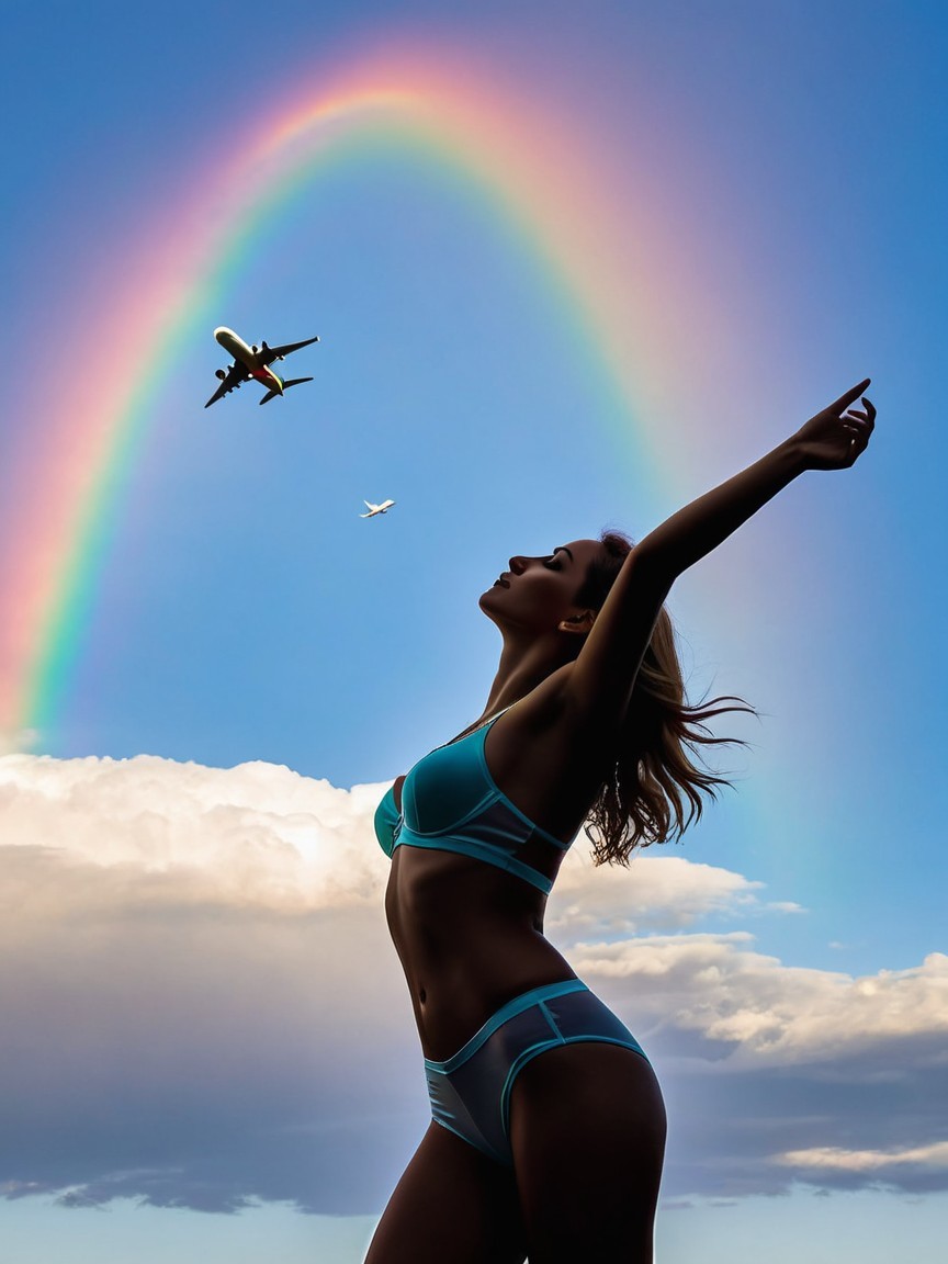 Silhouette of a Woman with Rainbow and Airplanes