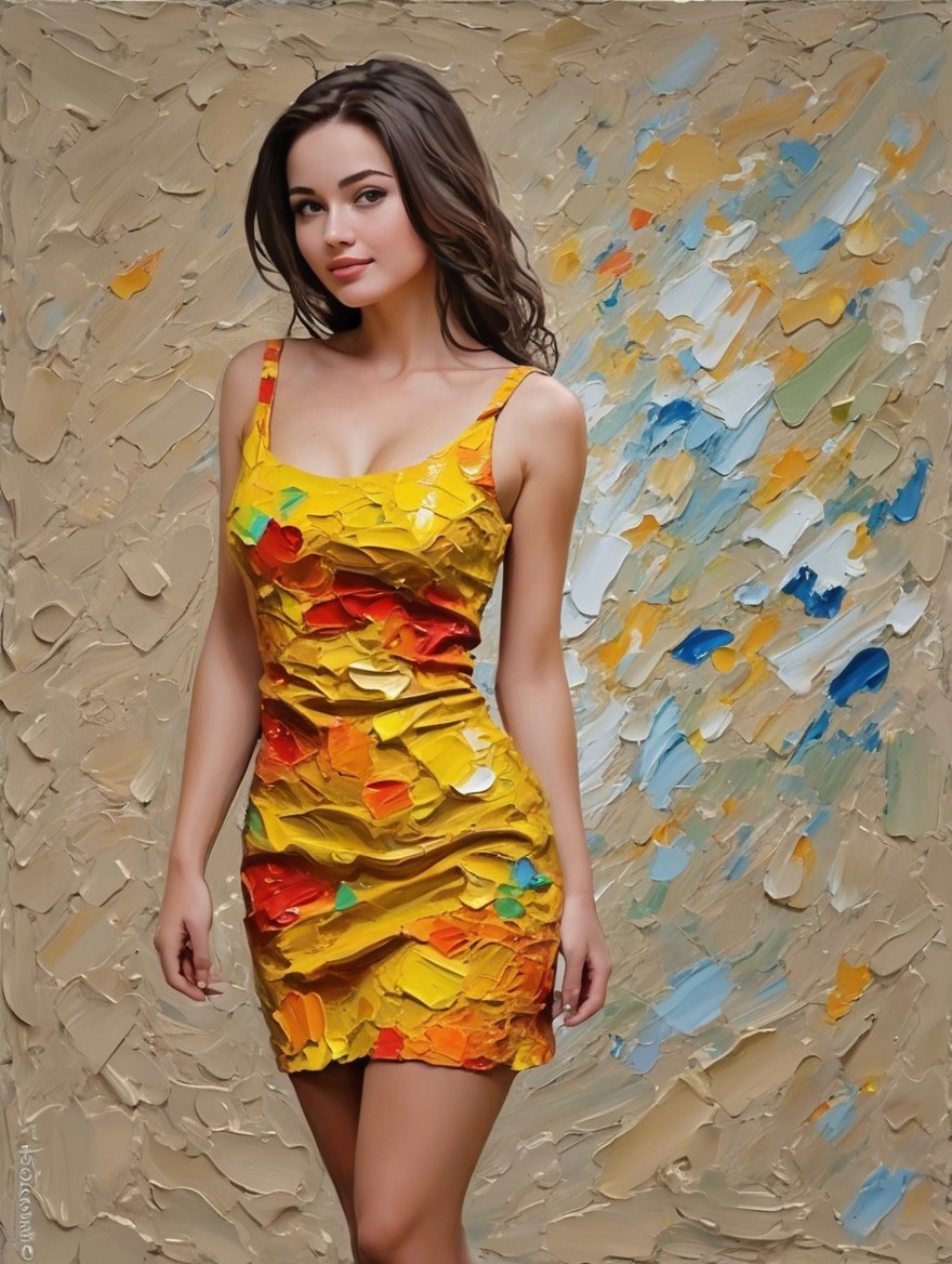 Young Woman in Vibrant Yellow Dress with Abstract Background