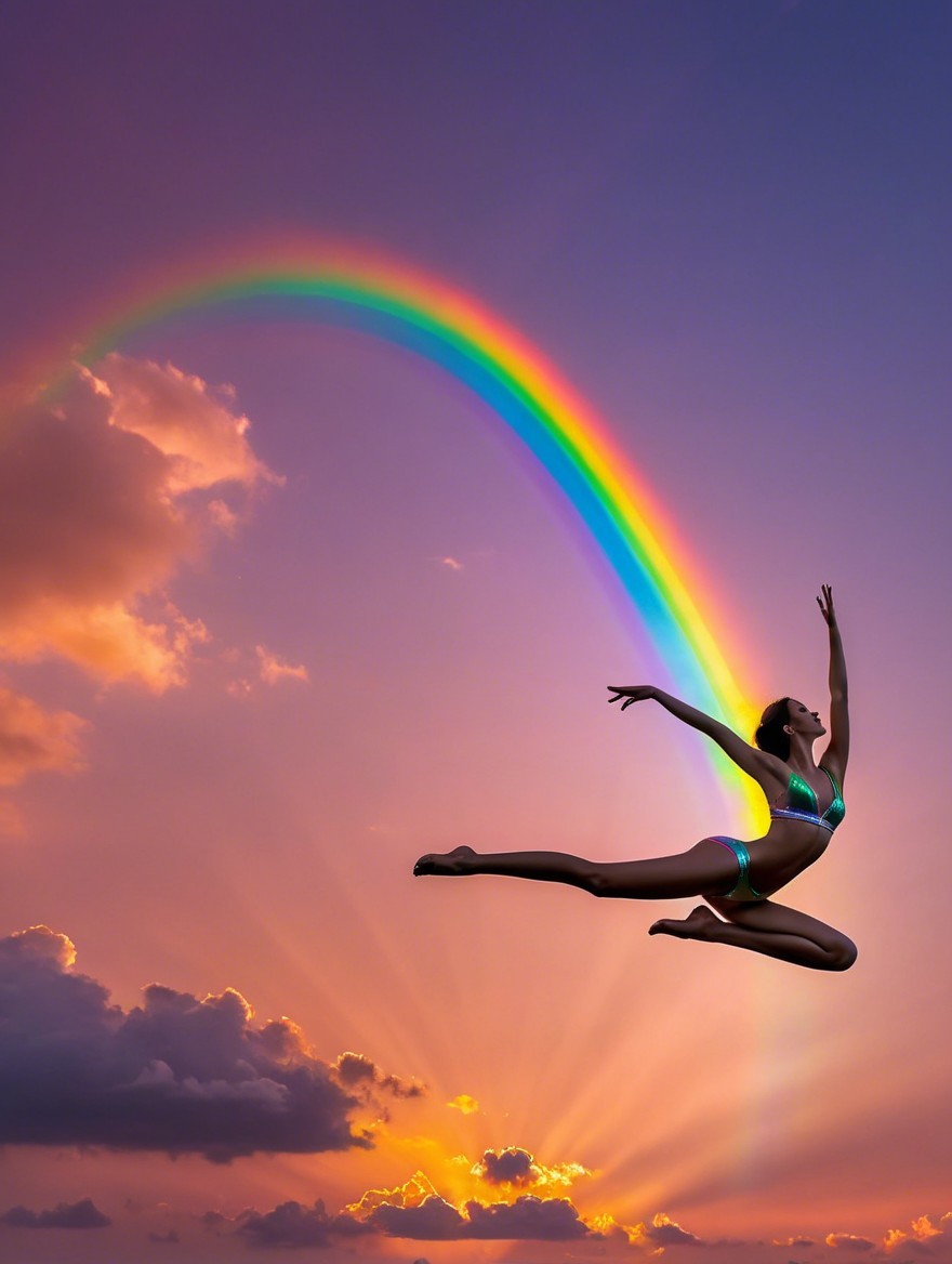 Woman in Bikini Leaping at Sunset with Rainbow