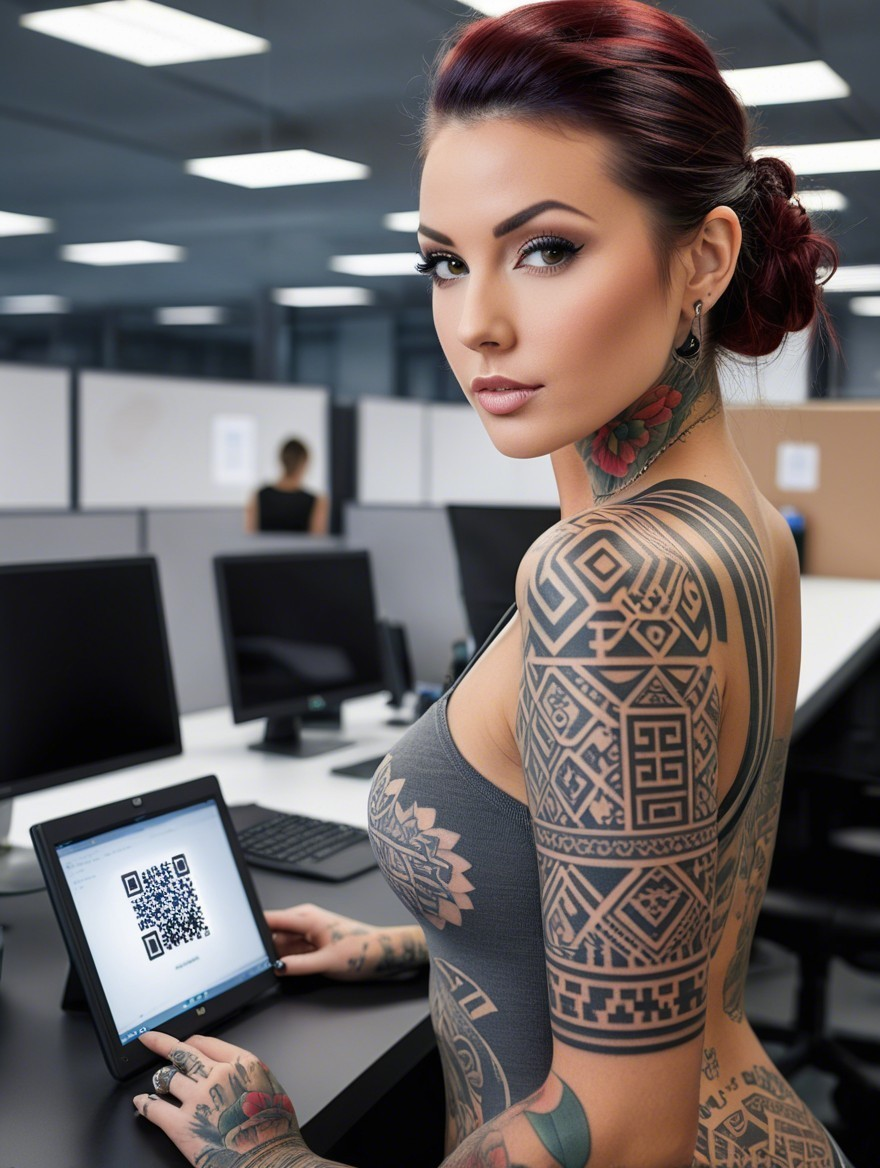 Modern Office with Tattooed Woman and Technology
