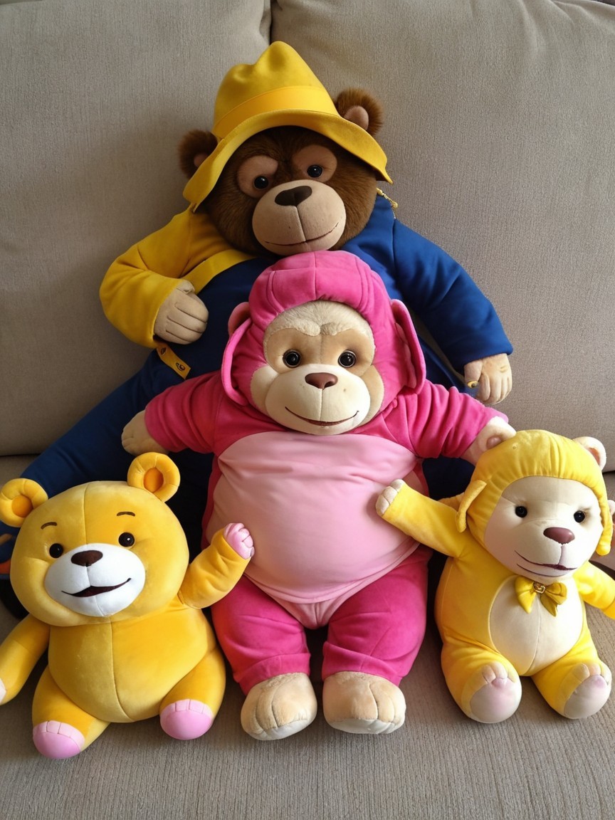 Plush Bears on Couch: Friendly and Cheerful Scene