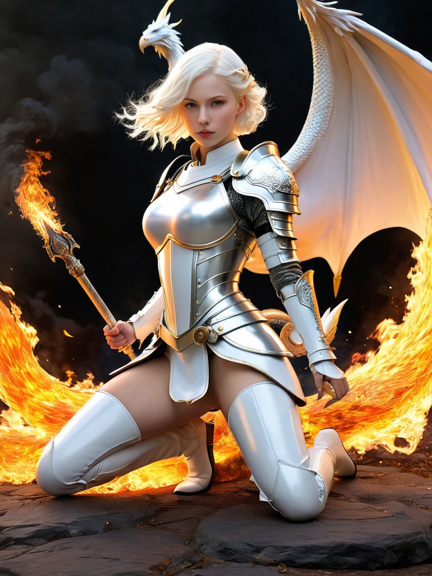 Fierce warrior in silver armor with dragon wing